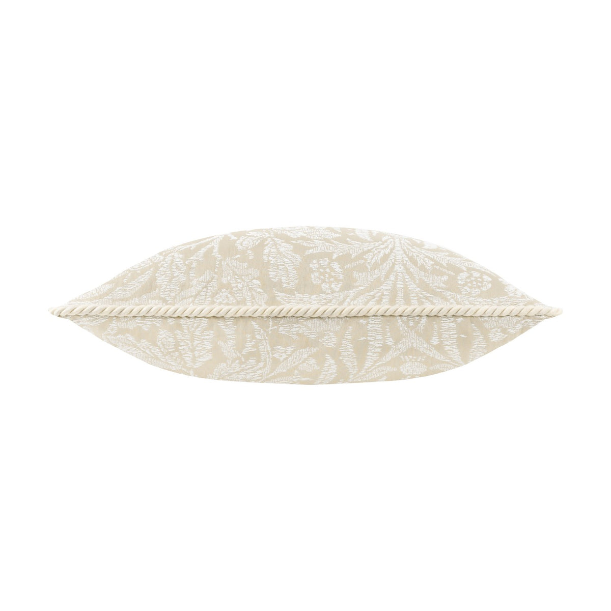 Side view of the Acorn Tonal Jacquard Linen Cushion showing its plump edge with white cord piping and tonal leaf-and-acorn pattern, on a plain white background.