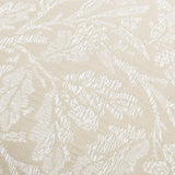Close-up of the Acorn Tonal Jacquard Linen Cushion showing a white woven branch, leaf and acorn pattern on a soft linen-toned fabric ground.