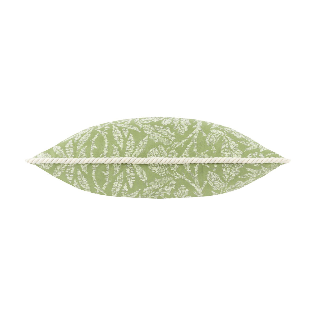Side view of the Acorn Tonal Jacquard Polyester Cushion in sage, showing its edge with piped trim and woven acorn branch pattern in leaf-shaped profile on a white background.