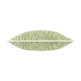 Side view of the Acorn Tonal Jacquard Polyester Cushion in sage, showing its edge with piped trim and woven acorn branch pattern in leaf-shaped profile on a white background.