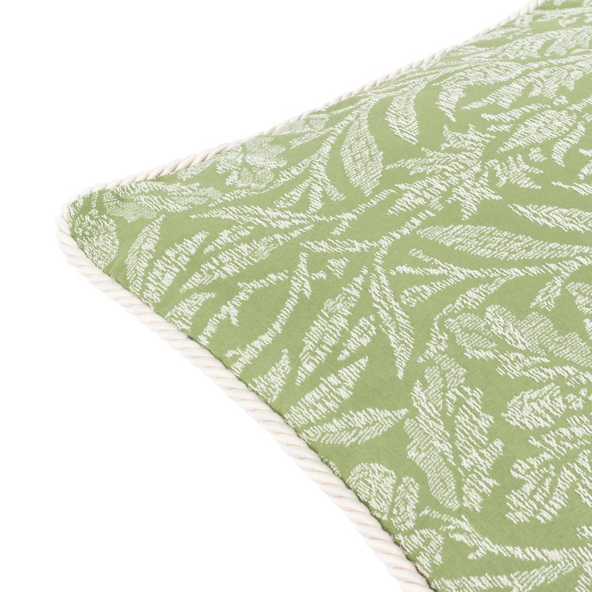 Close-up of the Acorn Tonal Jacquard cushion in sage, showing woven acorn branch pattern in pale tones with a corded ivory edge trim on a plain white background.