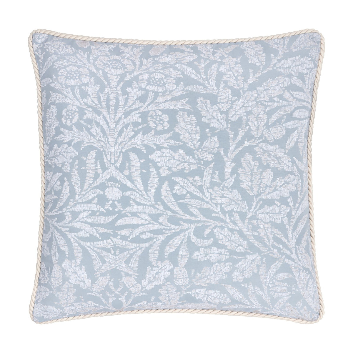 Square jacquard cushion in Wedgewood blue polyester with a tonal acorn branch and leaf pattern, finished with a cream twisted cord edge, shown on a plain white background.