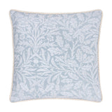 Square jacquard cushion in Wedgewood blue polyester with a tonal acorn branch and leaf pattern, finished with a cream twisted cord edge, shown on a plain white background.