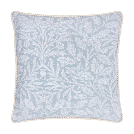 Square jacquard cushion in Wedgewood blue polyester with a tonal acorn branch and leaf pattern, finished with a cream twisted cord edge, shown on a plain white background.
