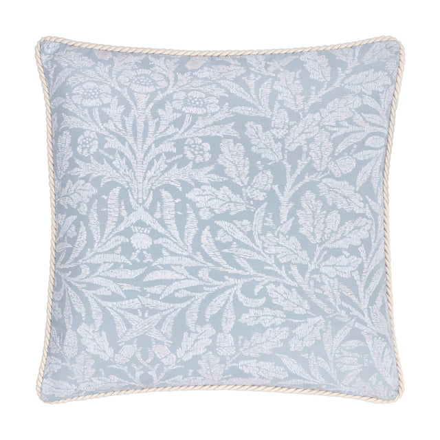 Square jacquard cushion in Wedgewood blue polyester with a tonal acorn branch and leaf pattern, finished with a cream twisted cord edge, shown on a plain white background.
