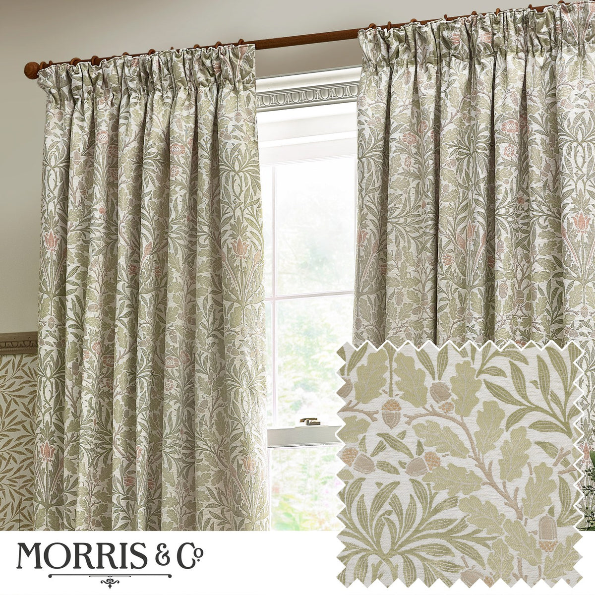 Pencil pleat curtains in Acorn jacquard chenille, stone and sage colourway with woven oak leaf and acorn pattern, shown pencil-pleated on a wooden pole beside a window, with fabric swatch inset.