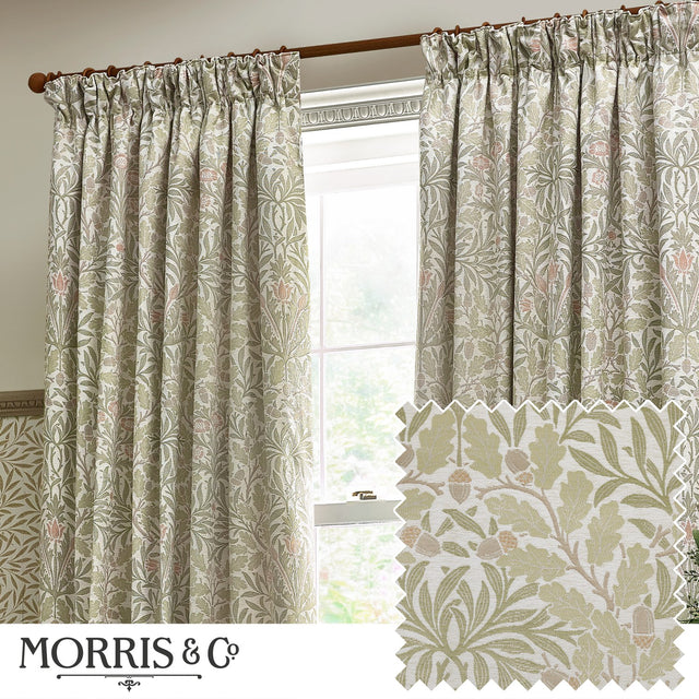 Pencil pleat curtains in Acorn jacquard chenille, stone and sage colourway with woven oak leaf and acorn pattern, shown pencil-pleated on a wooden pole beside a window, with fabric swatch inset.