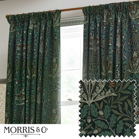 Pencil pleat curtains in the Acorn chenille design, showing oak leaf and acorn motifs in green and multicoloured tones, hung by a window with a fabric swatch inset.