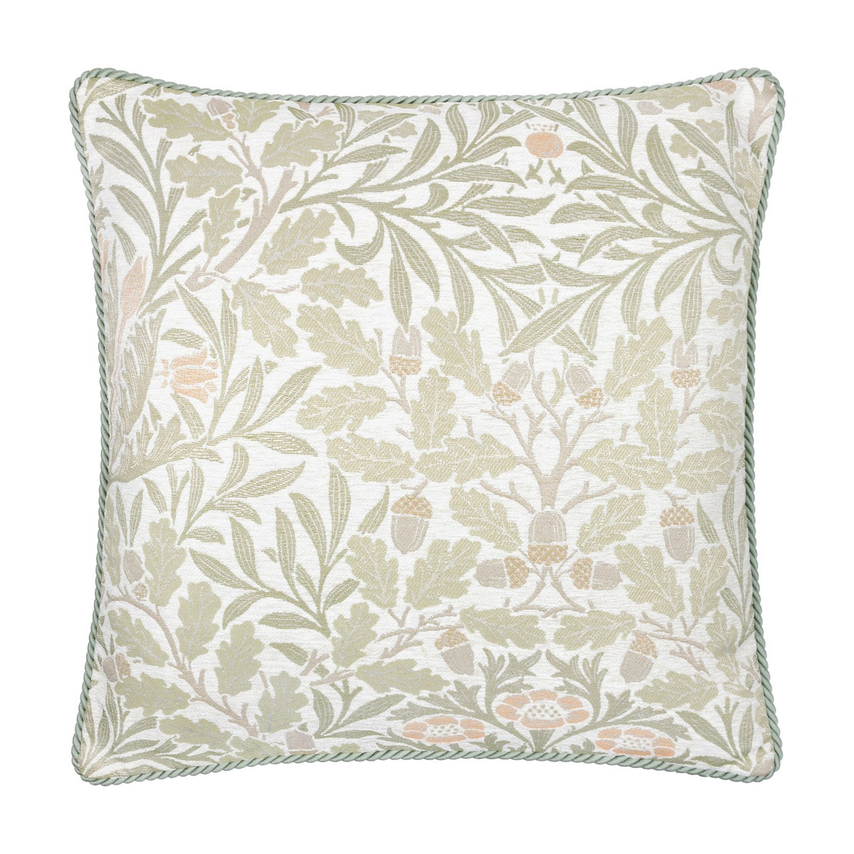 Acorn Multi jacquard polyester cushion in stone/sage, square with woven oak-leaf and acorn pattern, twisted sage piping edge, shown on a plain white background.