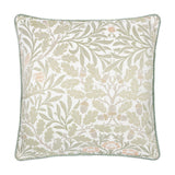 Acorn Multi jacquard polyester cushion in stone/sage, square with woven oak-leaf and acorn pattern, twisted sage piping edge, shown on a plain white background.