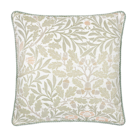 Acorn Multi jacquard polyester cushion in stone/sage, square with woven oak-leaf and acorn pattern, twisted sage piping edge, shown on a plain white background.