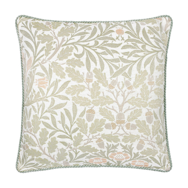 Acorn Multi jacquard polyester cushion in stone/sage, square with woven oak-leaf and acorn pattern, twisted sage piping edge, shown on a plain white background.