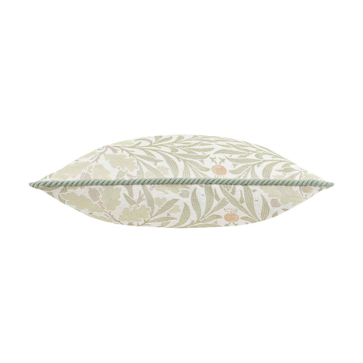 Acorn Multi jacquard cushion in stone and sage, shown side-on with woven oak leaf and acorn pattern and sage cord piping, against a plain white background.