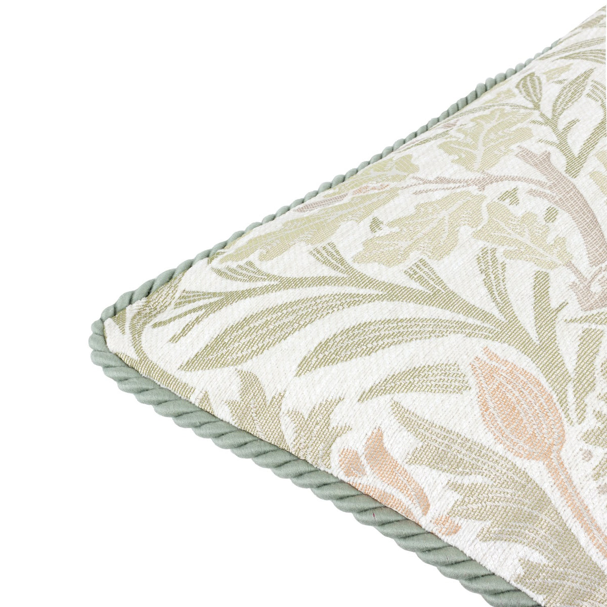 Close-up corner of the Acorn Multi jacquard cushion in stone/sage, showing woven oak leaf and acorn motif with sage cord piping, on a white background.