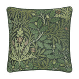 Square jacquard cushion in the Acorn Multi design, woven with oak leaves, branches and acorns in green, sage and tan tones, shown on a plain white background.
