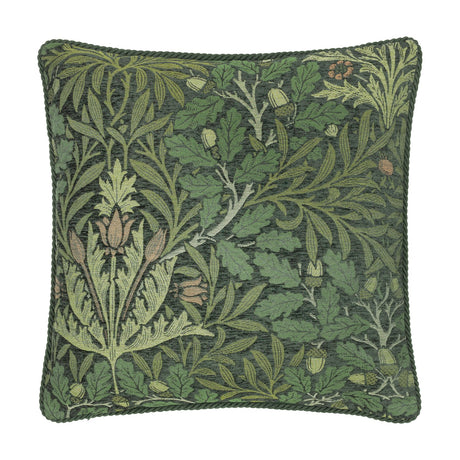 Square jacquard cushion in the Acorn Multi design, woven with oak leaves, branches and acorns in green, sage and tan tones, shown on a plain white background.