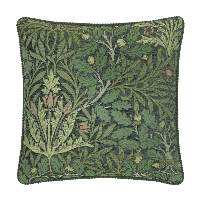 Square jacquard cushion in the Acorn Multi design, woven with oak leaves, branches and acorns in green, sage and tan tones, shown on a plain white background.