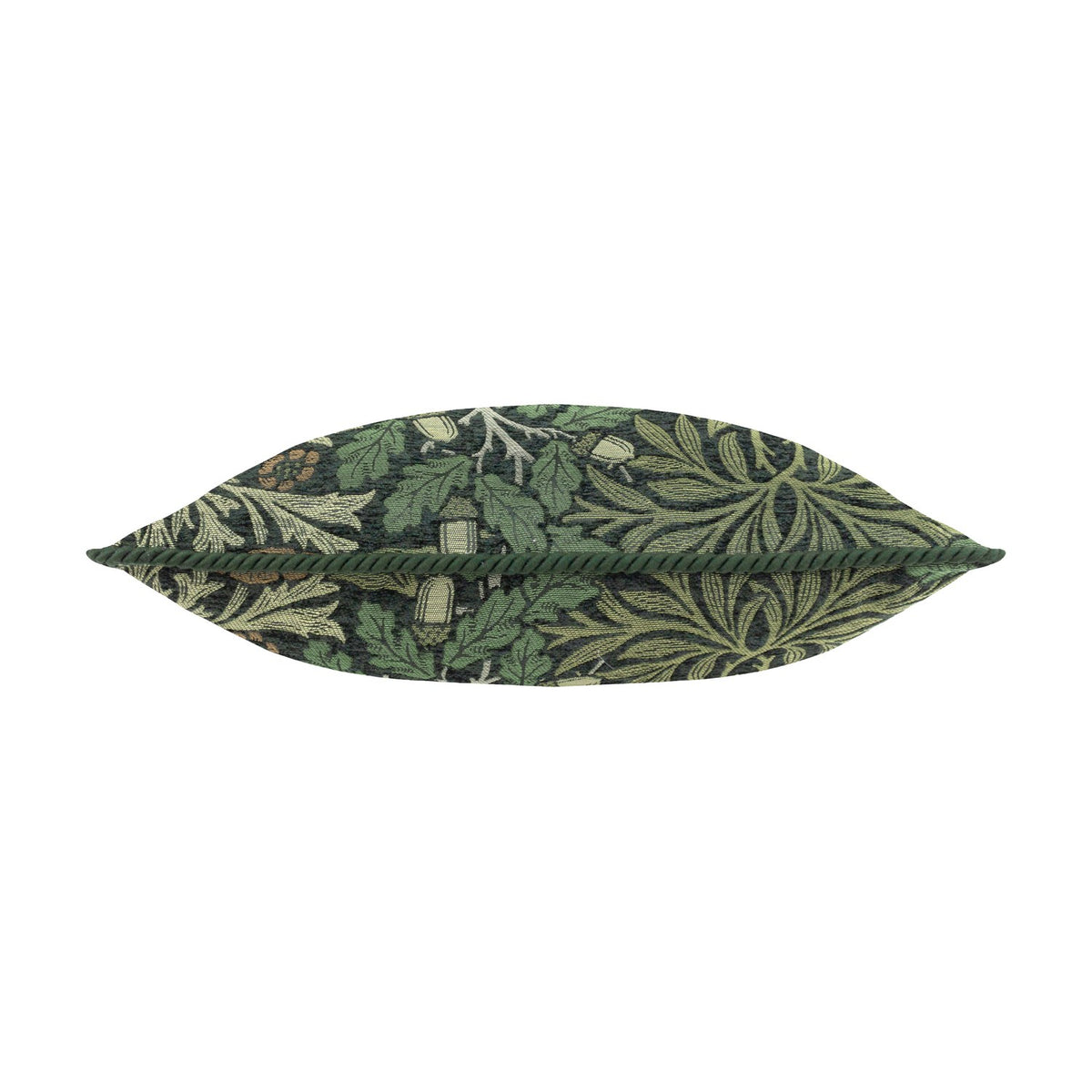 Acorn Multi jacquard polyester cushion in Thyme/Forest, shown lying flat on its side with a green woven cord edge, displaying an oak leaf and acorn pattern in green tones on a plain white background.