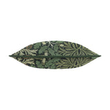 Acorn Multi jacquard polyester cushion in Thyme/Forest, shown lying flat on its side with a green woven cord edge, displaying an oak leaf and acorn pattern in green tones on a plain white background.