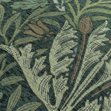 Close-up of the Acorn Multi jacquard polyester cushion in Thyme/Forest, showing woven oak leaves, acorns, and scattered berries in green tones with metallic thread detail.