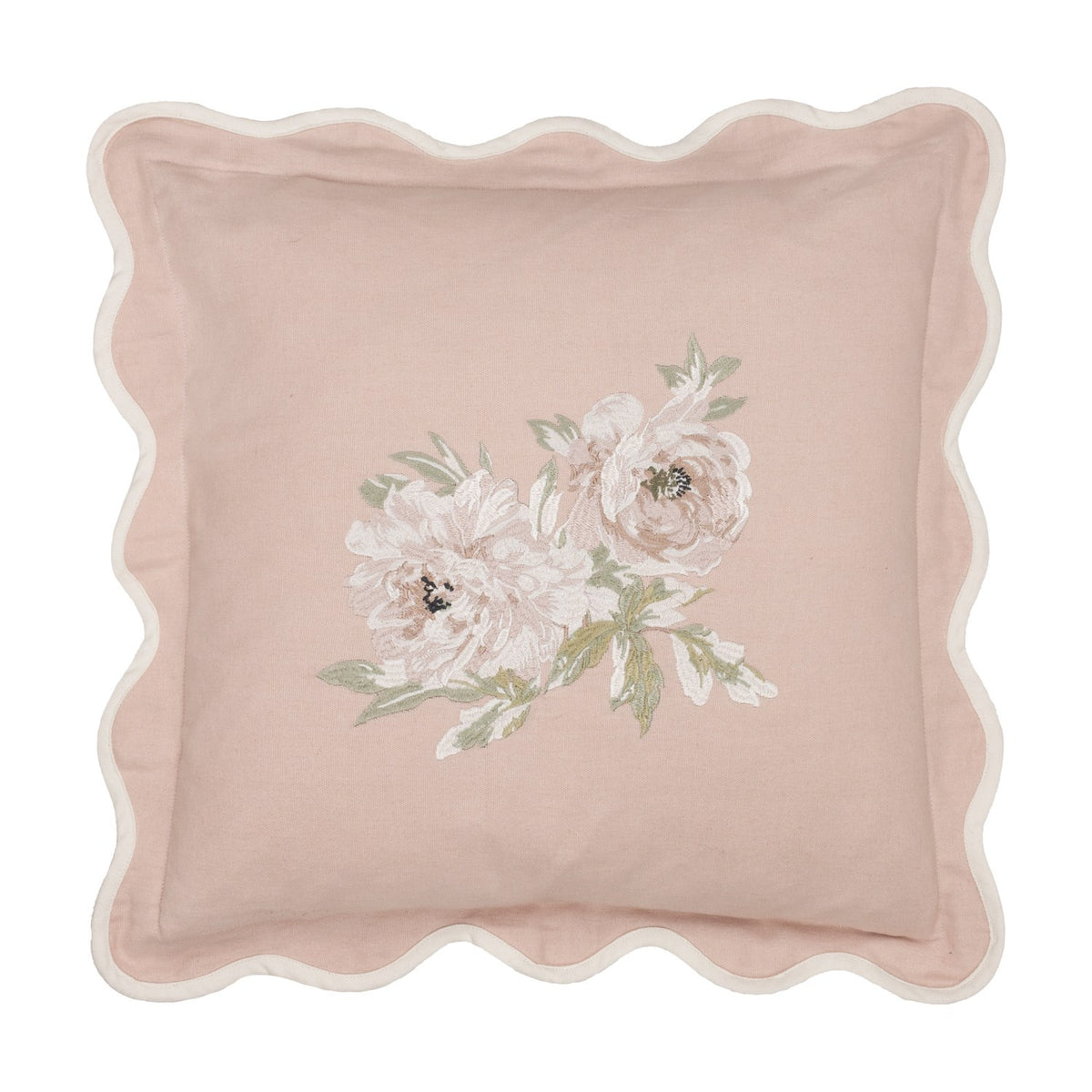 Square Adele Floral Cotton Cushion in Rose with scalloped cream-edged border and embroidered floral spray of two blooms with leaves on a pink cotton ground.
