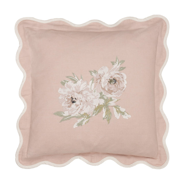 Square Adele Floral Cotton Cushion in Rose with scalloped cream-edged border and embroidered floral spray of two blooms with leaves on a pink cotton ground.