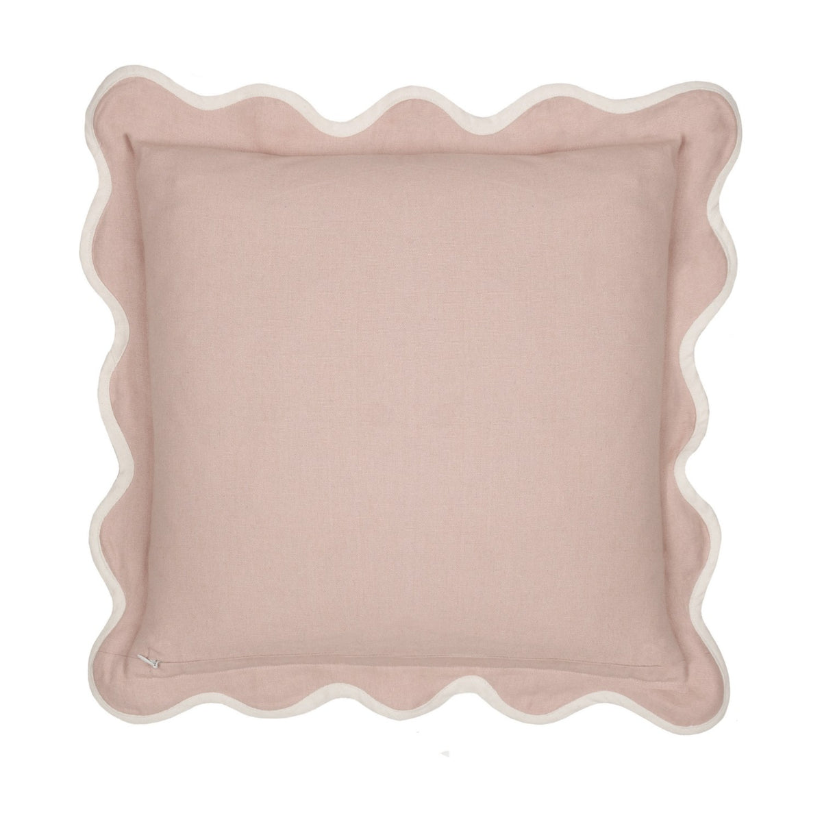 Adele Floral Cotton Cushion in Rose, square with a scalloped ivory-edged border and plain rose-pink cotton front, shown on a white background.