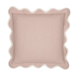 Adele Floral Cotton Cushion in Rose, square with a scalloped ivory-edged border and plain rose-pink cotton front, shown on a white background.