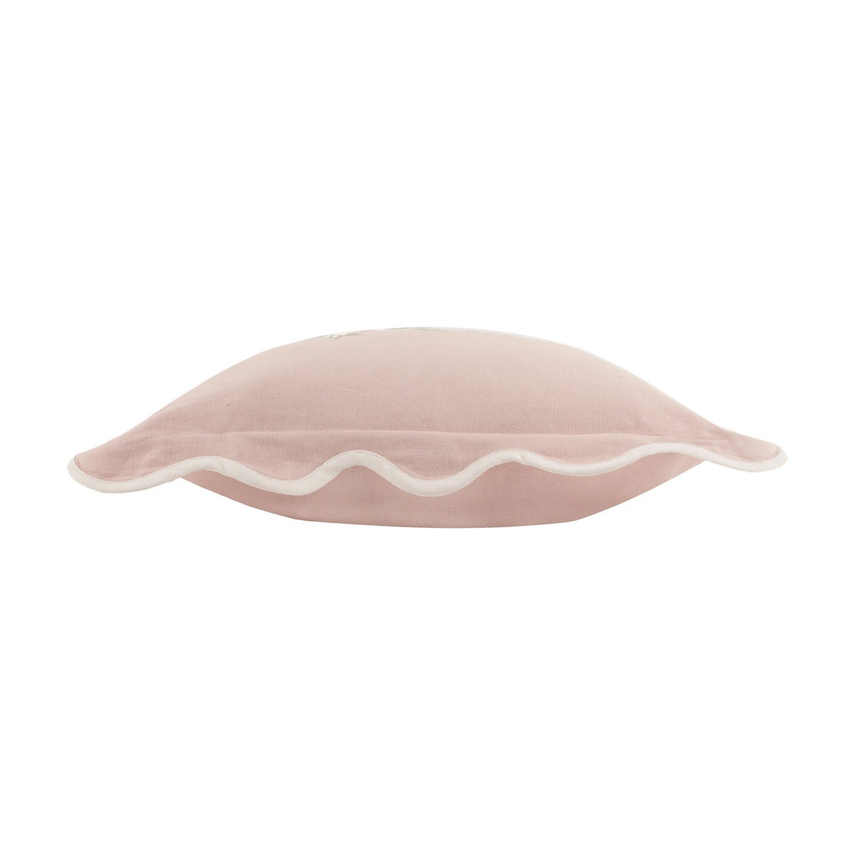 Side view of the Adele Floral Cotton Cushion in rose-pink cotton with a scalloped white-trimmed edge, shown on a plain white background.