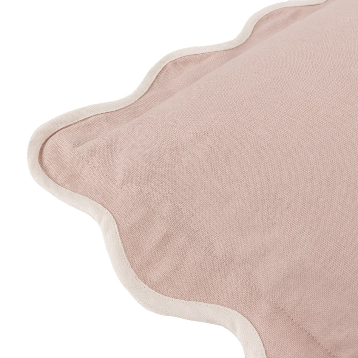 Close-up of the Adele Floral Cotton Cushion in rose-pink cotton with a scalloped edge and cream trim, shown against a plain white background.