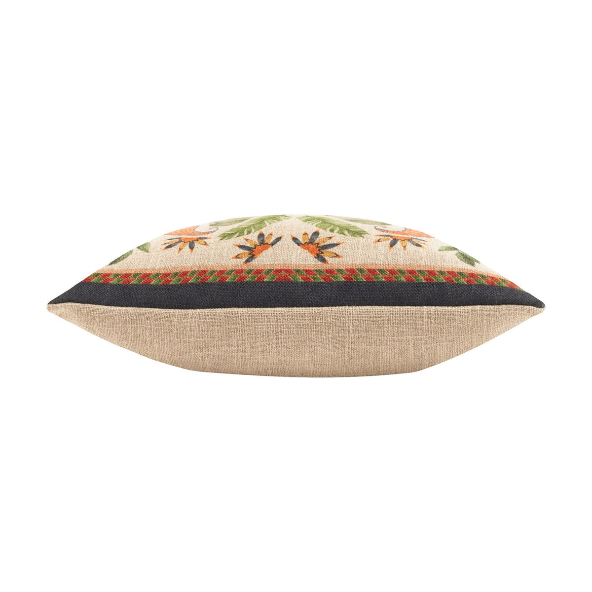 Akamba Animal Linen Cushion in multicolour, side view showing floral and geometric embroidered border in orange, green and red above a plain natural linen base, set against a white background.