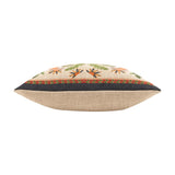 Akamba Animal Linen Cushion in multicolour, side view showing floral and geometric embroidered border in orange, green and red above a plain natural linen base, set against a white background.