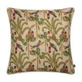 Akamba Animal Linen Cushion in multicolour, square with piped edge, printed with parrots in blue, orange, red and green among palm trees on a natural linen-look ground.