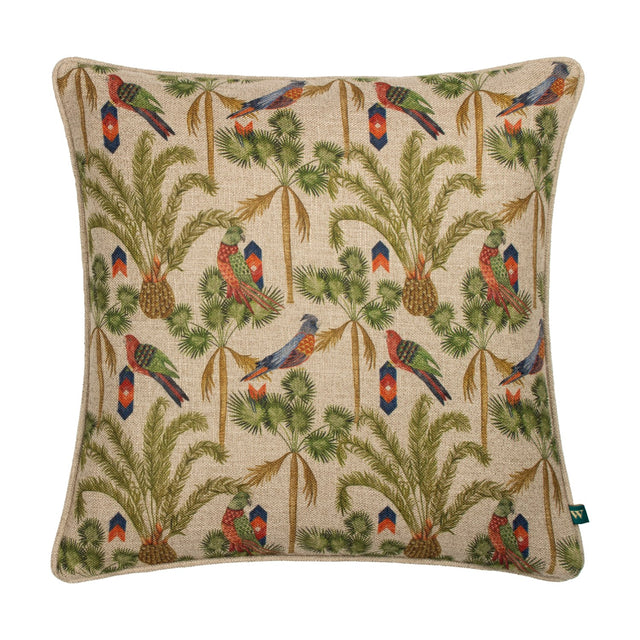 Akamba Animal Linen Cushion in multicolour, square with piped edge, printed with parrots in blue, orange, red and green among palm trees on a natural linen-look ground.
