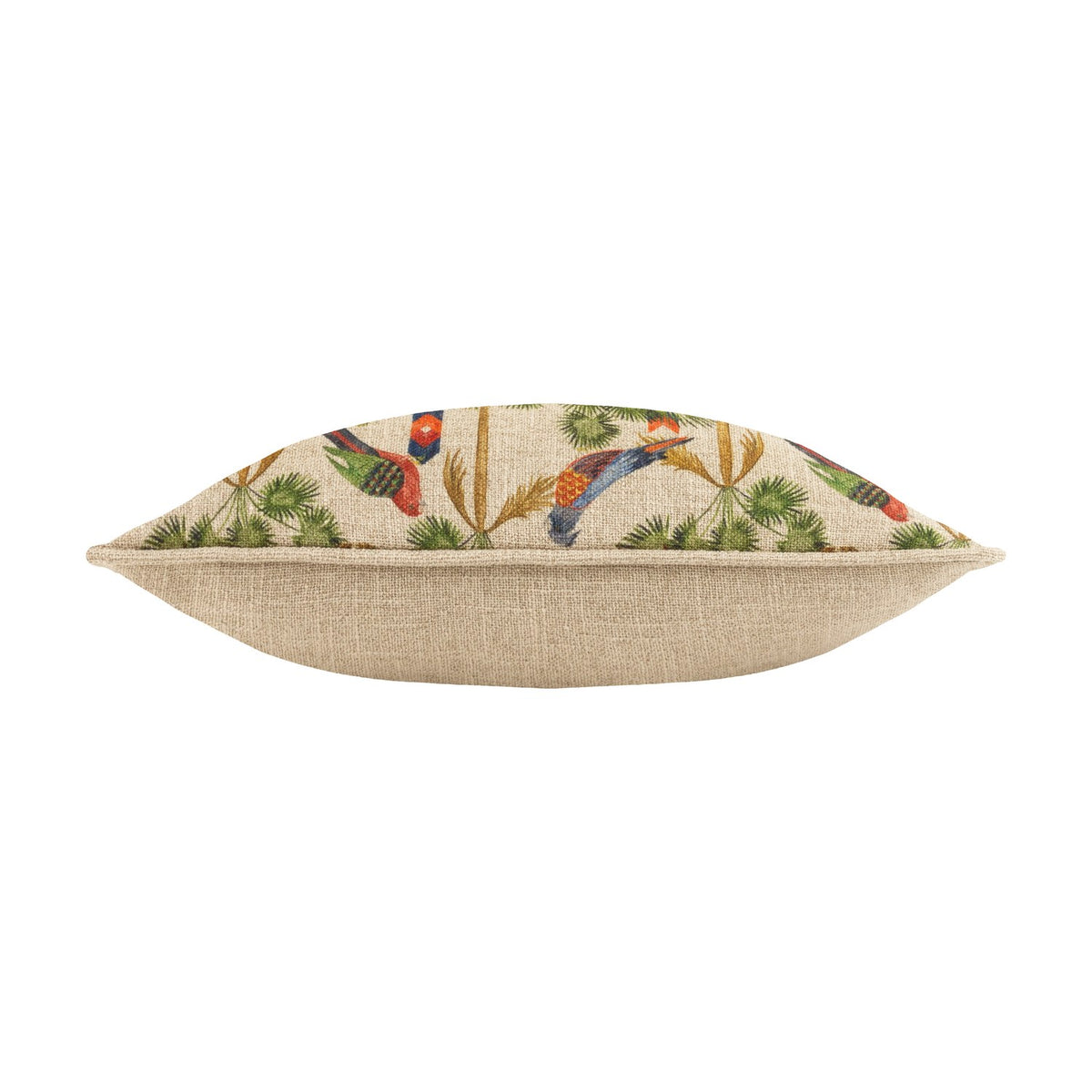 Akamba Animal Linen Cushion shown edge-on, with natural linen back and front printed with multicolour parrots and palm foliage, against a plain white background.