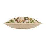 Akamba Animal Linen Cushion shown edge-on, with natural linen back and front printed with multicolour parrots and palm foliage, against a plain white background.