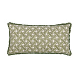 Alexa Reversible Cotton Cushion in olive green, a long rectangular bolster with a woven trellis-style geometric print on cream cotton and green fringed edging, shown on a plain white background.
