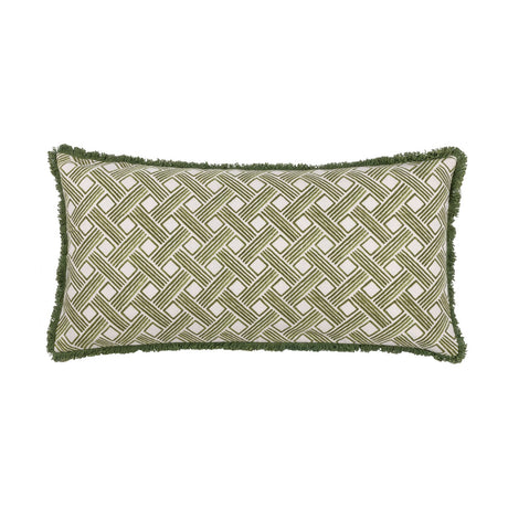 Alexa Reversible Cotton Cushion in olive green, a long rectangular bolster with a woven trellis-style geometric print on cream cotton and green fringed edging, shown on a plain white background.