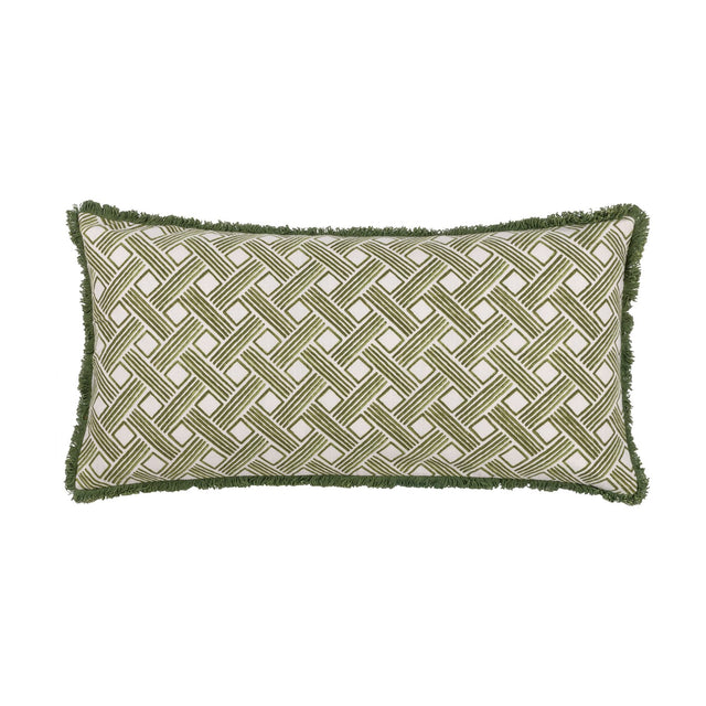 Alexa Reversible Cotton Cushion in olive green, a long rectangular bolster with a woven trellis-style geometric print on cream cotton and green fringed edging, shown on a plain white background.