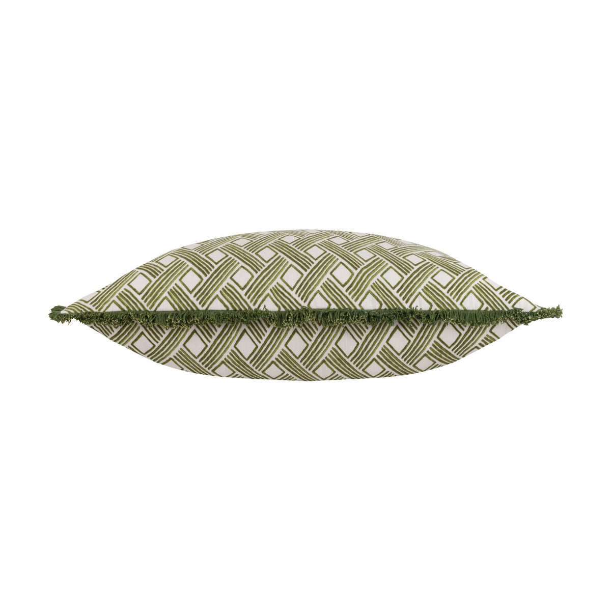 Alexa Reversible Cotton Cushion in Olive, a bolster-shaped pillow with an olive green and cream basket weave pattern and fringed edging, shown side-on on a white background.