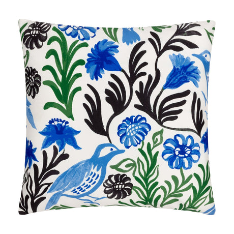 Aljento Abstract Polyester Cushion in blue, featuring a hand-painted floral and bird print in blue, green and black on white, shown square on a plain background.