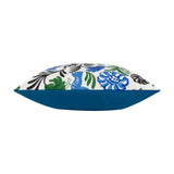 Side view of the Aljento cushion showing a solid blue polyester back panel and floral watercolour-print edge in blue, green and black on white, set against a plain background.
