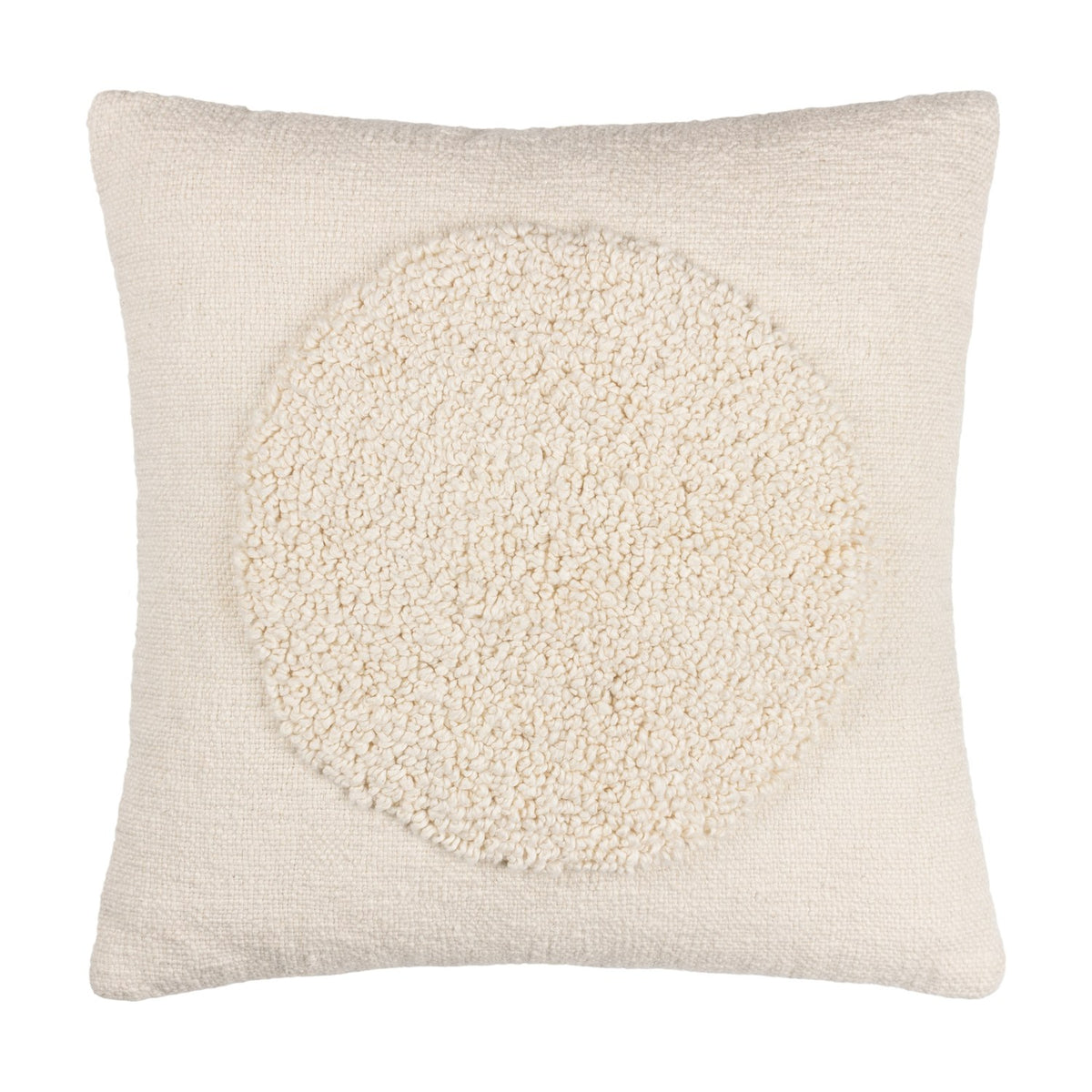 Almo Abstract Cotton Cushion in ecru, square shape with a woven cotton face featuring a raised boucle circle at its centre, shown on a plain white background.
