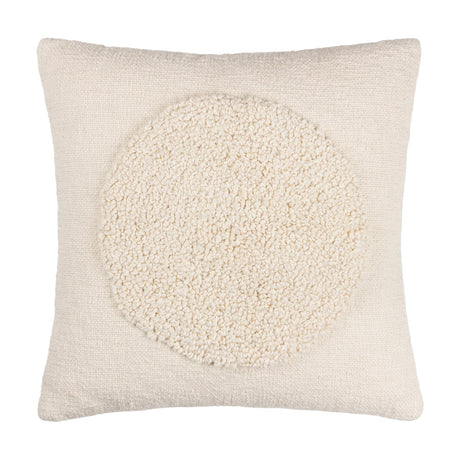 Almo Abstract Cotton Cushion in ecru, square shape with a woven cotton face featuring a raised boucle circle at its centre, shown on a plain white background.