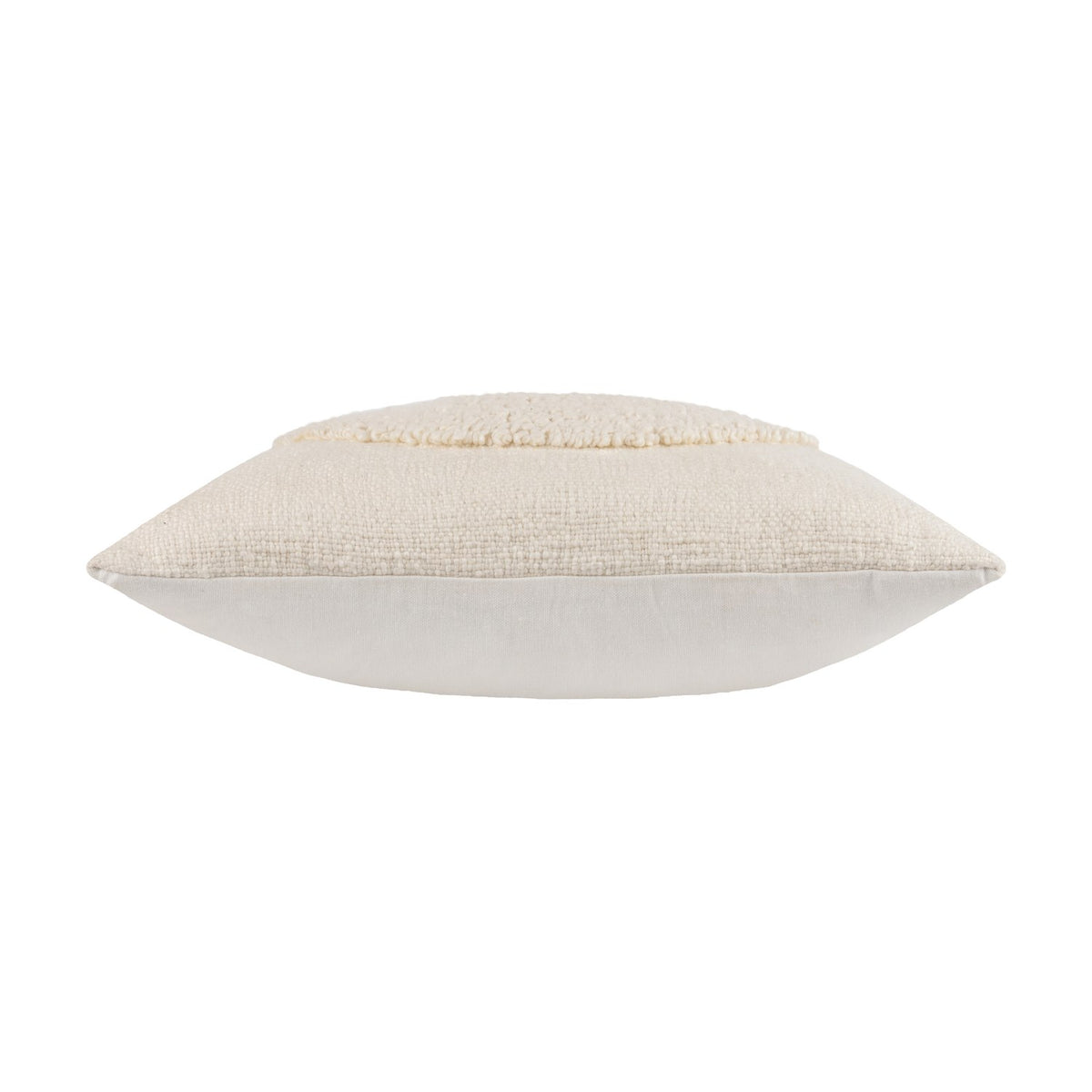 Side view of the Almo Abstract Cotton Cushion in ecru, showing woven cotton fabric with a boucle-textured strip along the top edge, on a plain white background.