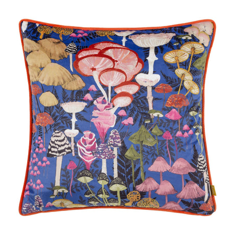 Amanita Abstract Velvet Cushion in cobalt blue, 43 x 43cm, featuring a hand-painted mushroom and fungi print with orange piping, shown on a plain white background.