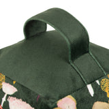 Amanita Abstract Velvet Door Stop in green, close-up of the carrying handle with mushroom-print fabric visible below, shown on a plain white background.
