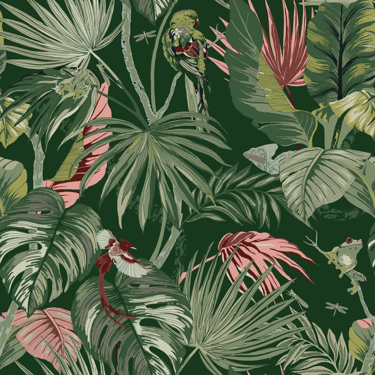 Amazonia Reversible Jungle Duvet Cover Set in Jade, polycotton fabric printed with a deep green jungle scene featuring parrots, tropical leaves, and a frog.