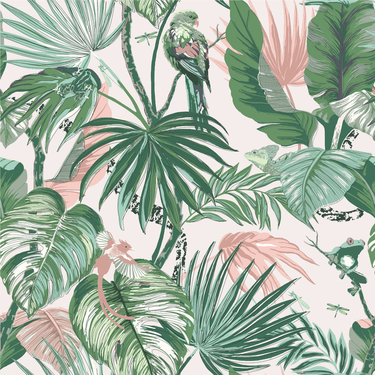 Amazonia Reversible Jungle Duvet Cover Set in Jade, white polycotton side featuring green tropical leaves, pink foliage, and jungle birds, frogs, and lizards.