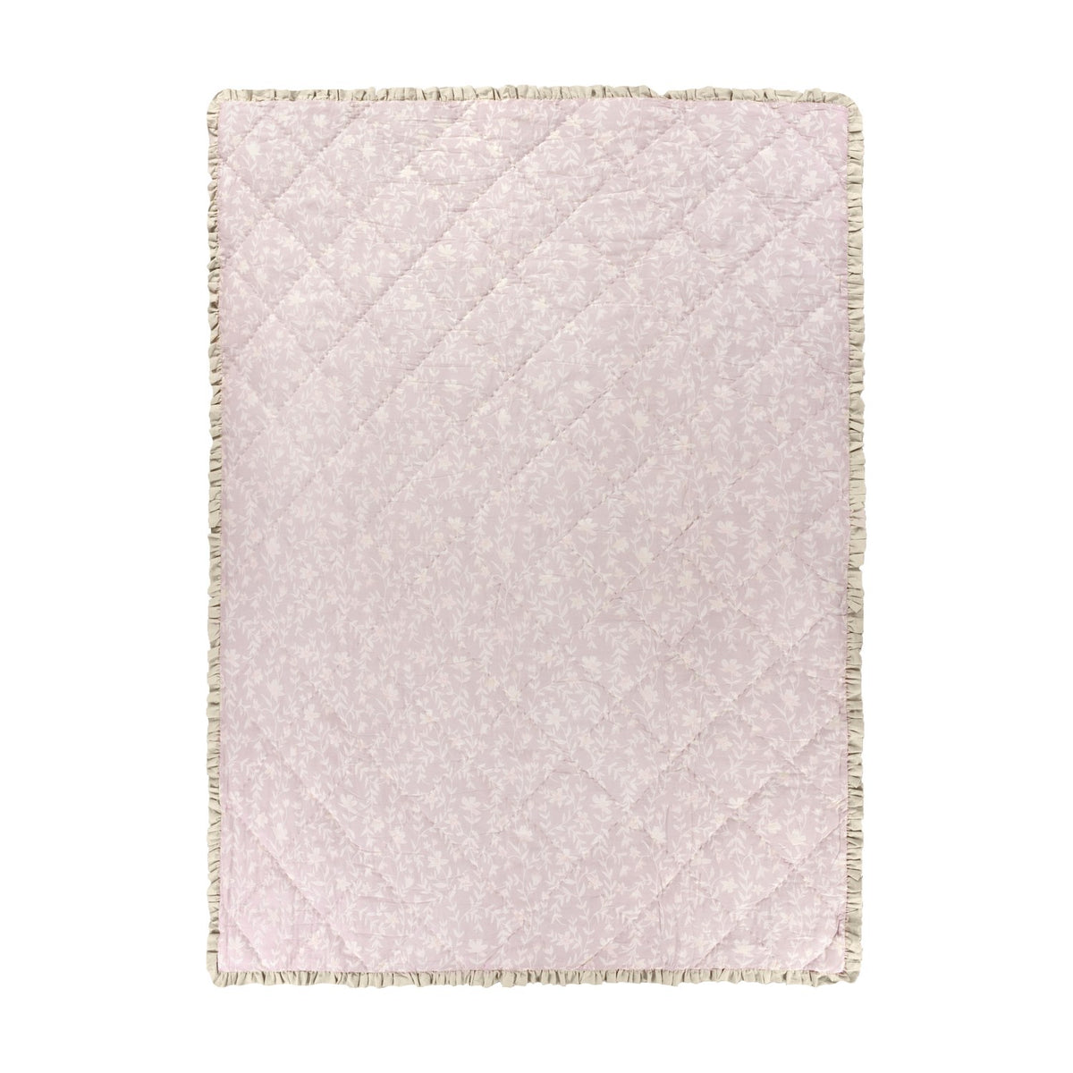 Amelia Ditsy Cotton Bedspread in blush, quilted diamond-stitched cotton with a small floral sprig print and a cream frilled edge trim, shown on a plain white background.